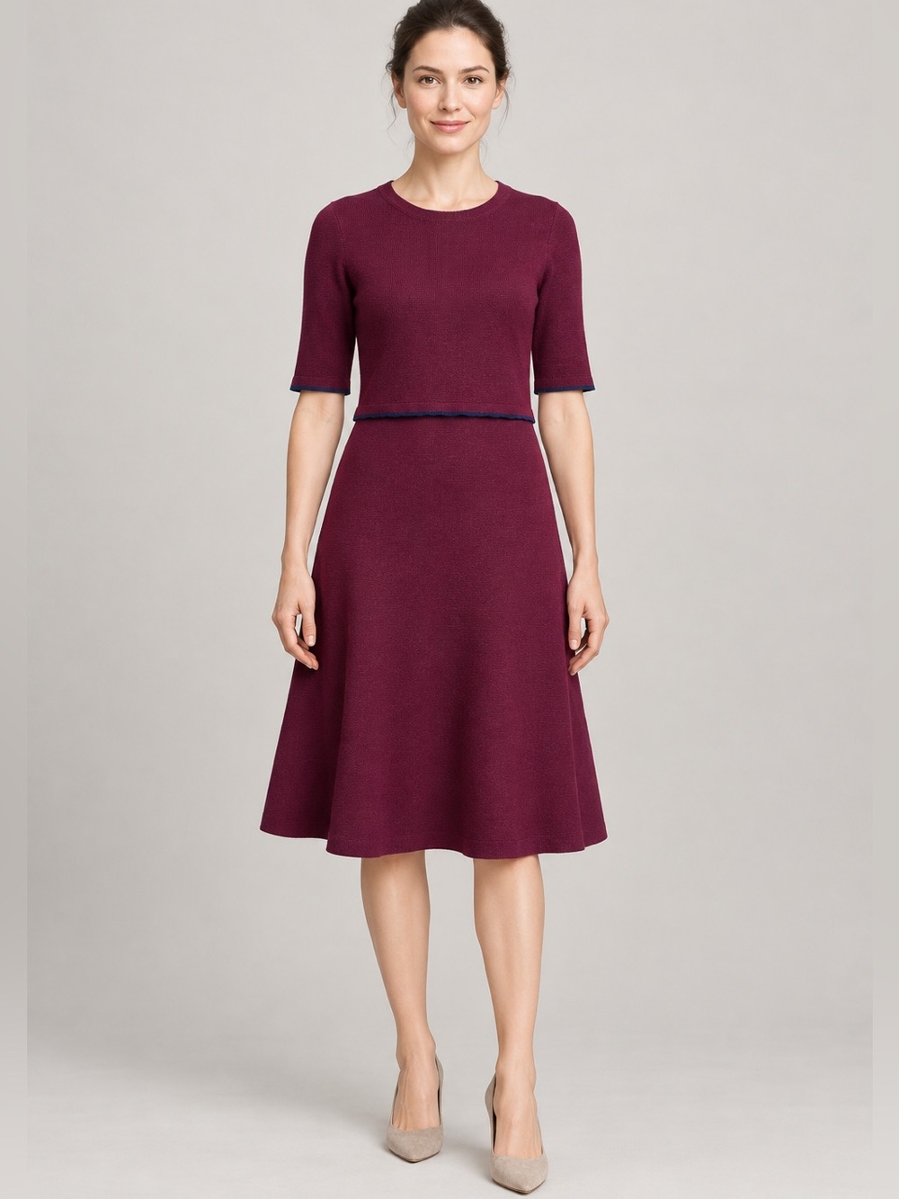 Hobbs London Merino Wool Blend Burgundy Fit & Flare Knit Dress US 6 UK 10